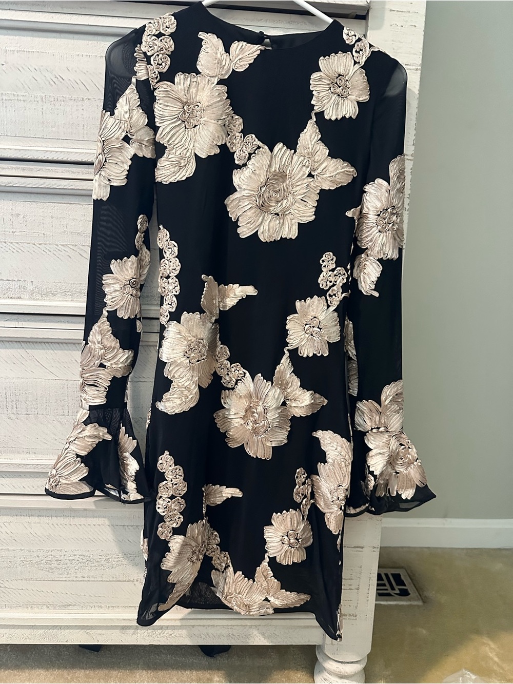 Vici Black Long Sleeve Dress with Champagne Floral Appliqué
